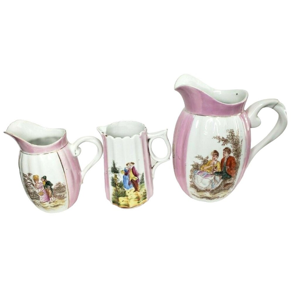 3 Pc Set Vintage Pink White Courting Madame Pitcher Set Made In Germany